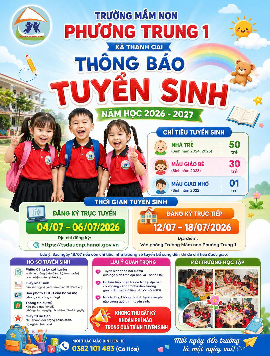 TRƯỜNG MN PHƯƠNG TRUNG I THÔNG BÁO TUYỂN SINH NĂM HỌC 2026 - 2027